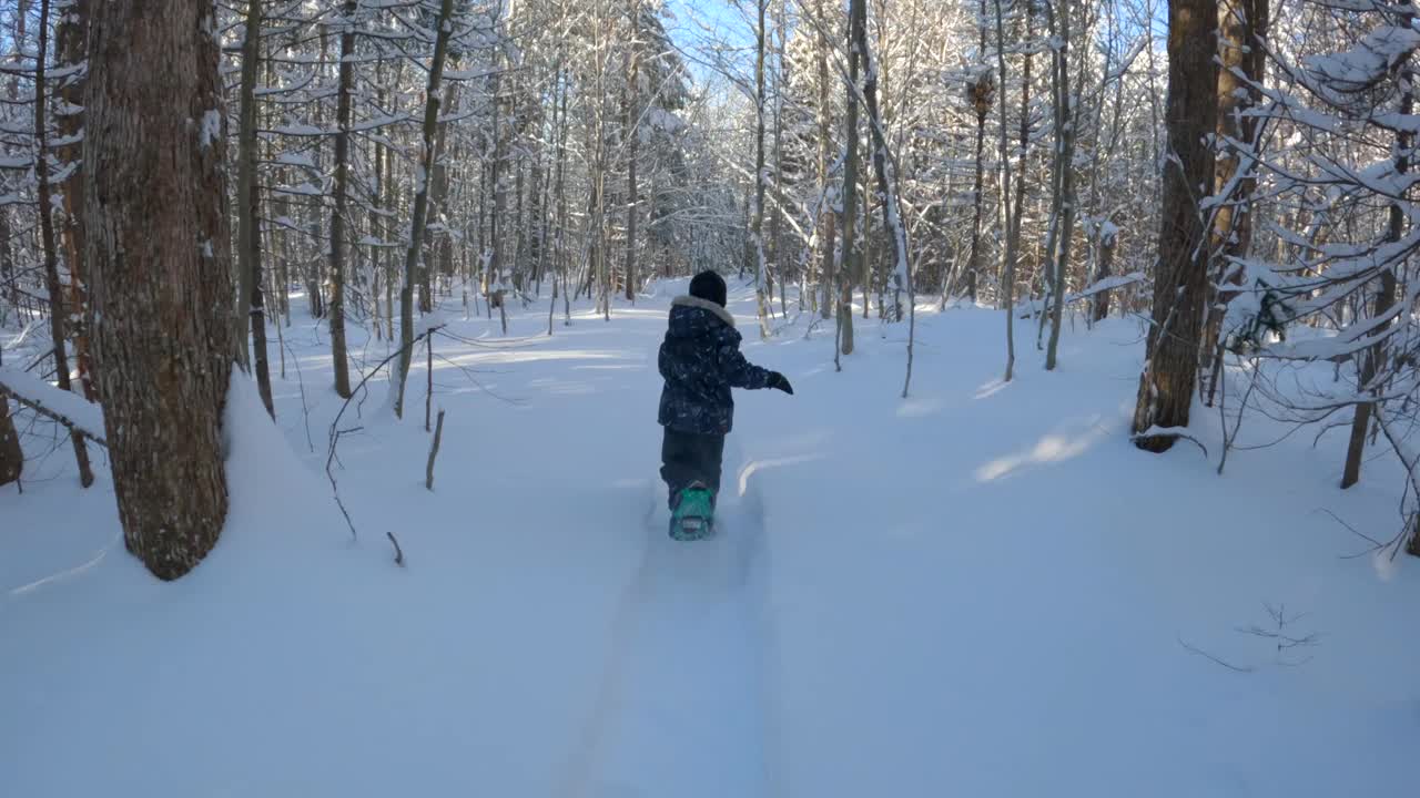 暴风雪后的冬天，小男孩在森林里穿雪鞋视频素材