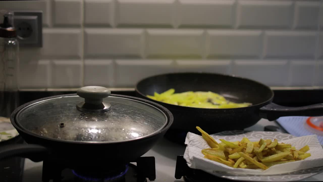 在厨房的炉子上烹饪食物，从封闭的煎锅中升起的蒸汽，烹饪时从锅中冒出的蒸汽，在锅上油炸食物，在厨房的炉子上烹饪食物，油炸土豆视频素材