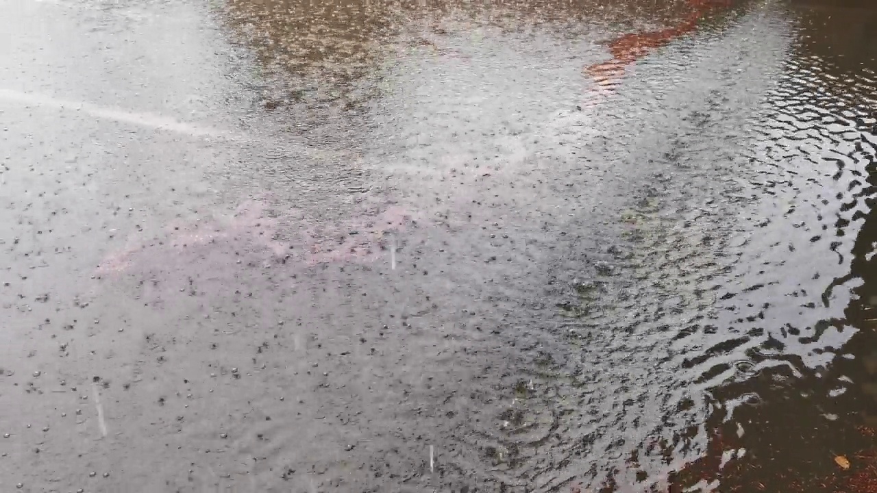 在冬天的雨天，雨滴落在水坑上，天气状况视频素材