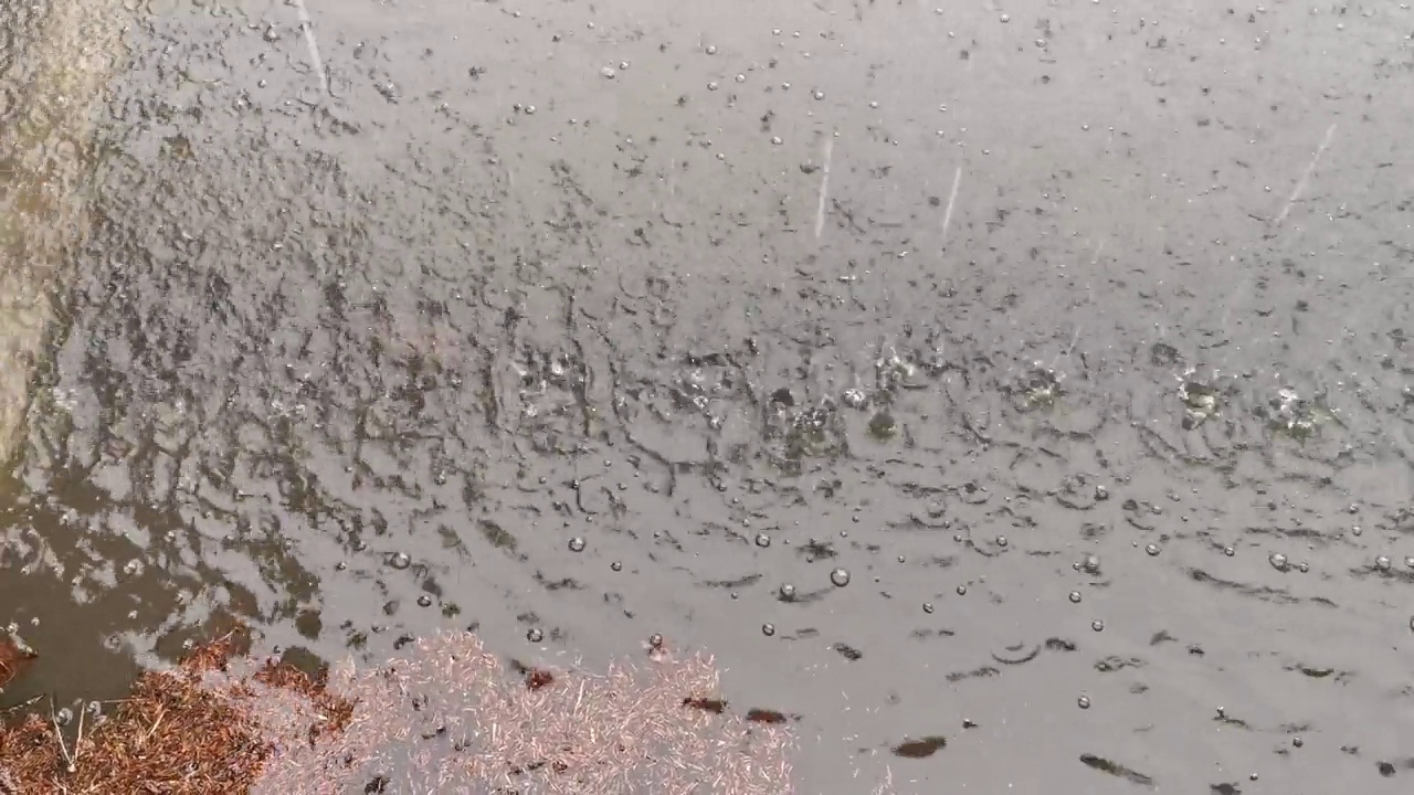 在冬天的雨天，雨滴落在水坑上，天气状况视频素材