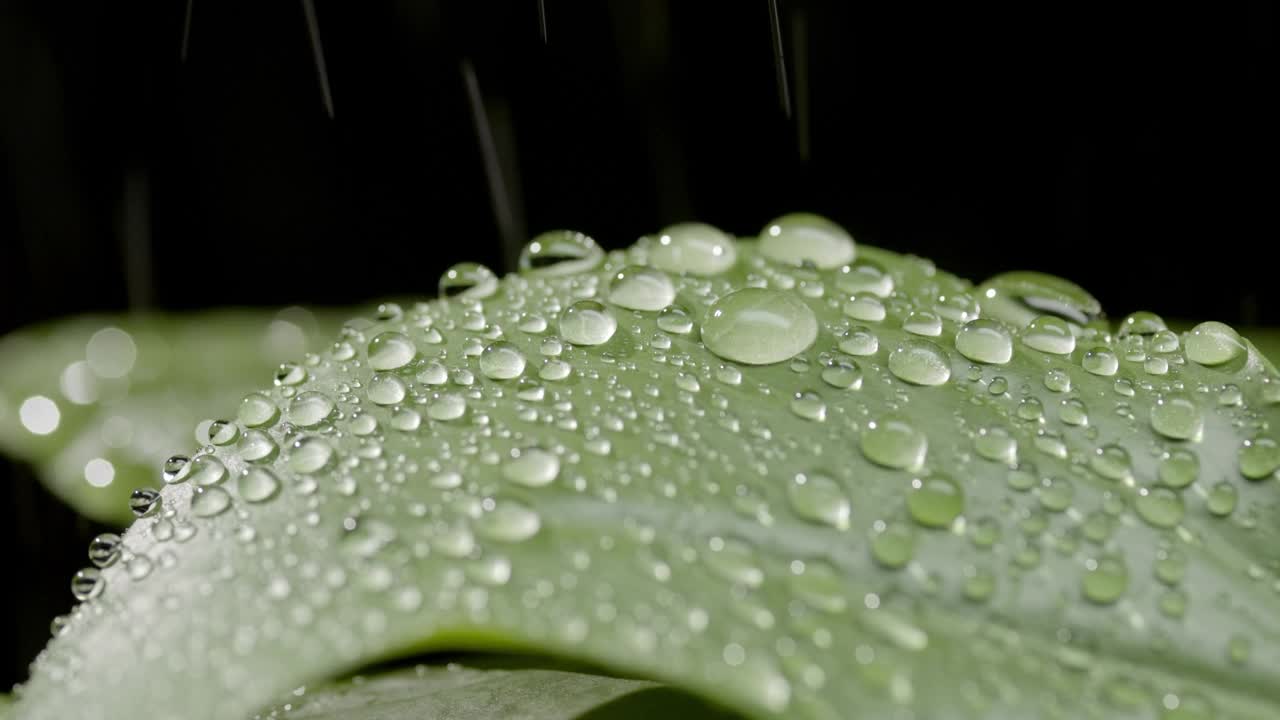 雨点落在颤动的绿叶上，雨滴滚落在上面视频素材