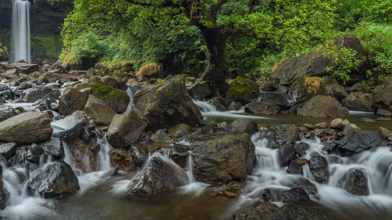 森林中瀑布的宁静景色，在印度森林，马哈拉施特拉邦的萨哈德里地区，瀑布的长时间曝光延时视频素材