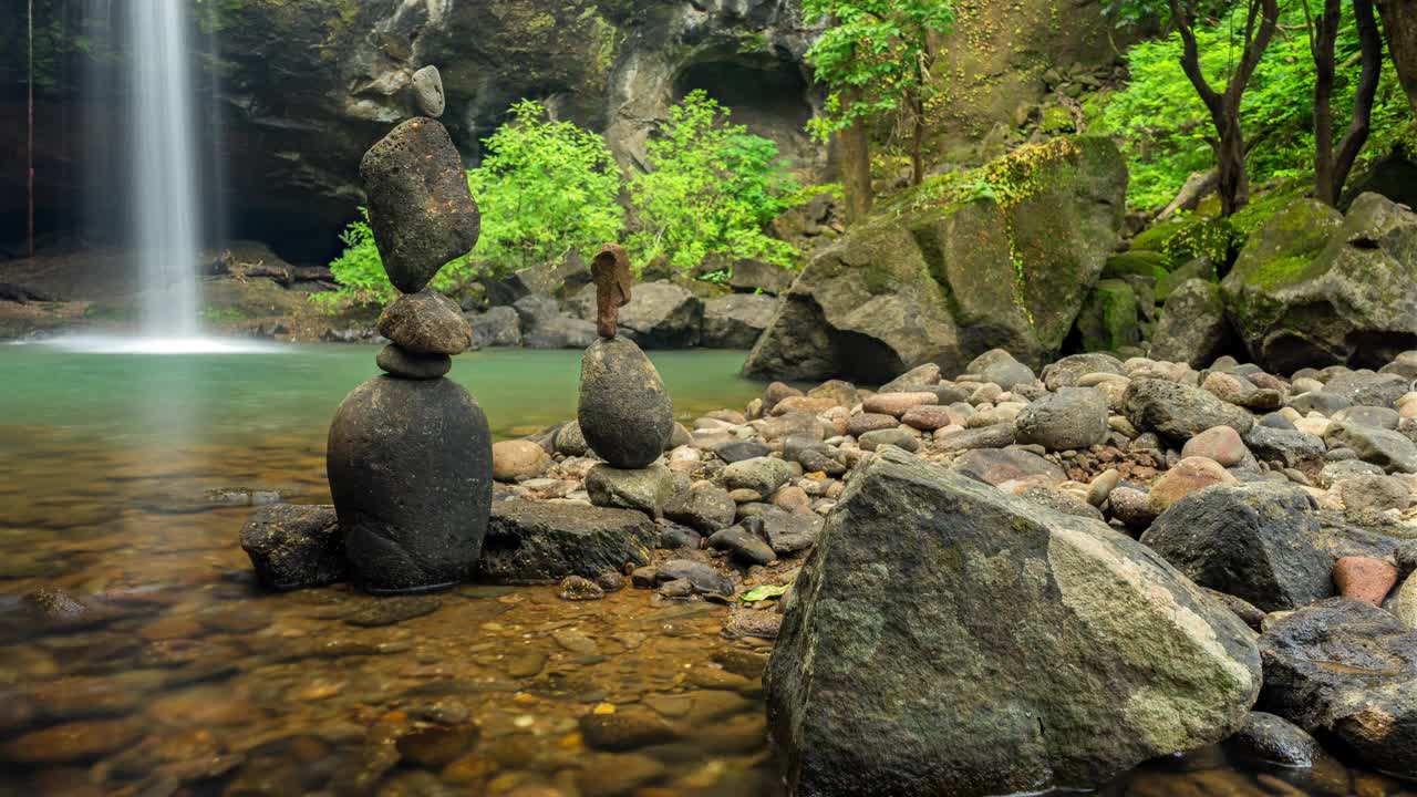 森林中瀑布的惊险风景，长时间曝光运动时间延迟的瀑布在印度森林，印度视频素材