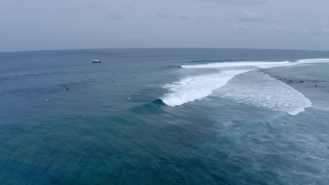 人们在度假期间用冲浪板在海洋中游泳的空中下降镜头——马尔代夫的thulushoo视频素材