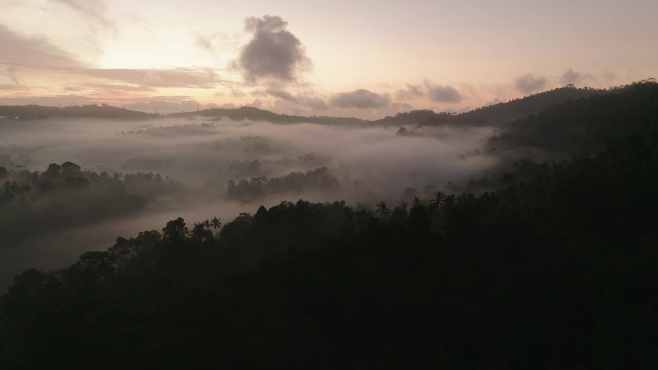 空中宁静的云在山上，无人机在日出时飞越森林-巴厘岛，印度尼西亚视频素材