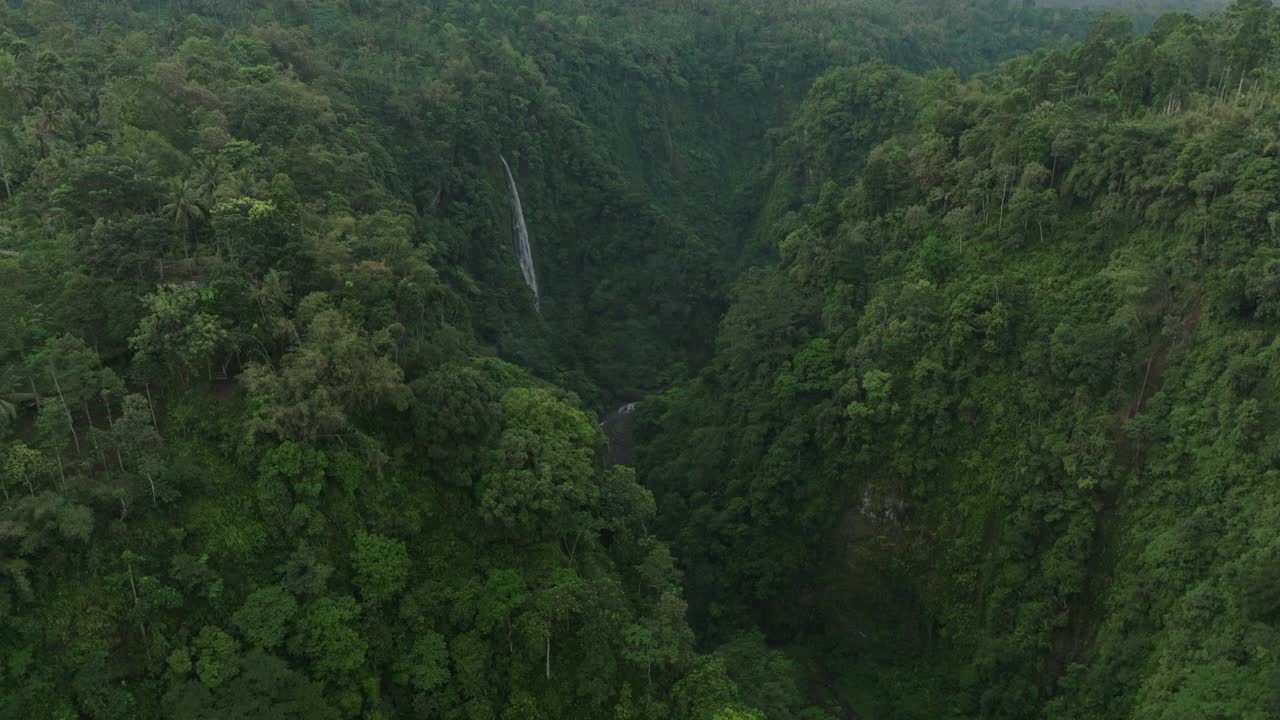 瀑布在溪流中流动的空中美景，无人机在绿色植物上向前飞行-印度尼西亚爪哇视频素材