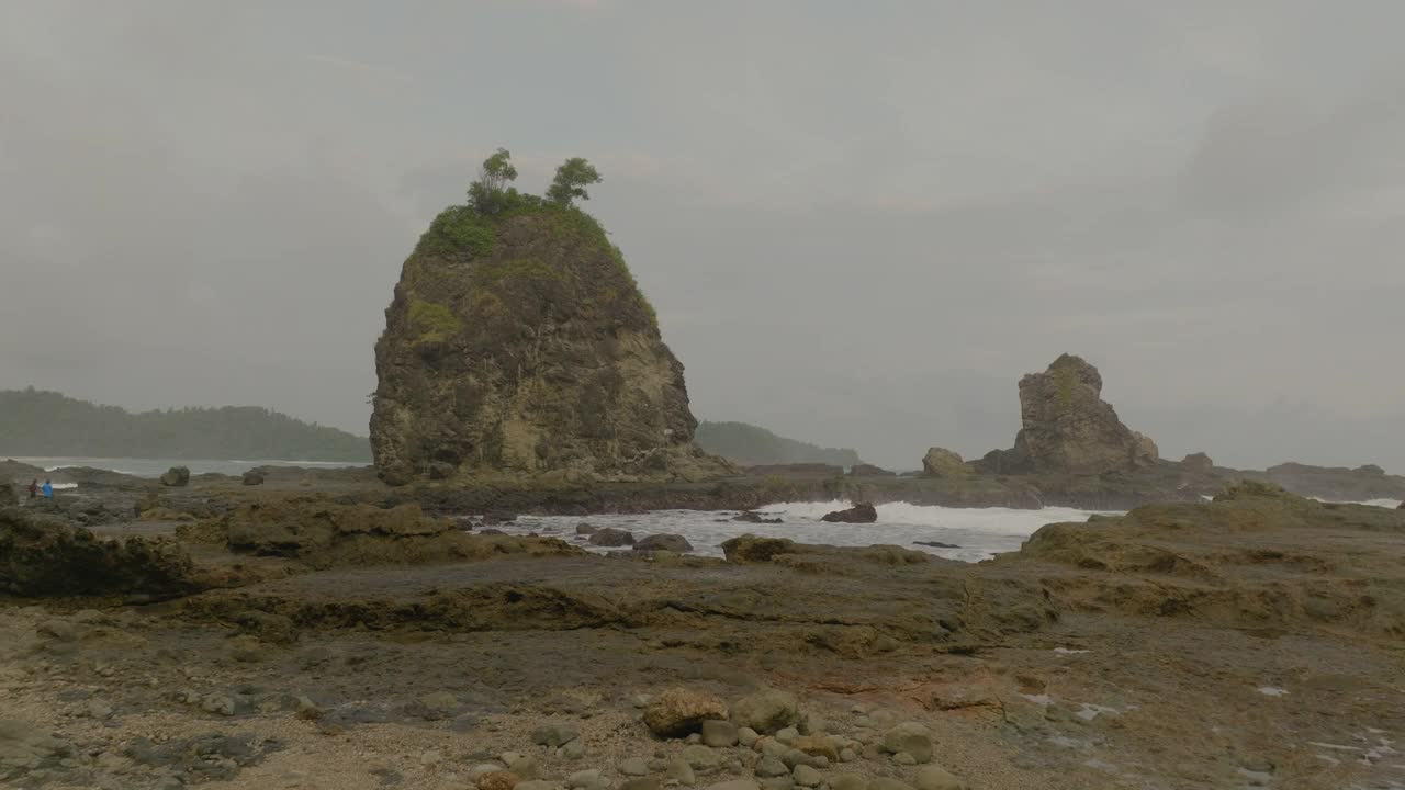 空中:无人机拍摄的岩石上的植物，无人机在海上向前飞行-爪哇，印度尼西亚视频素材