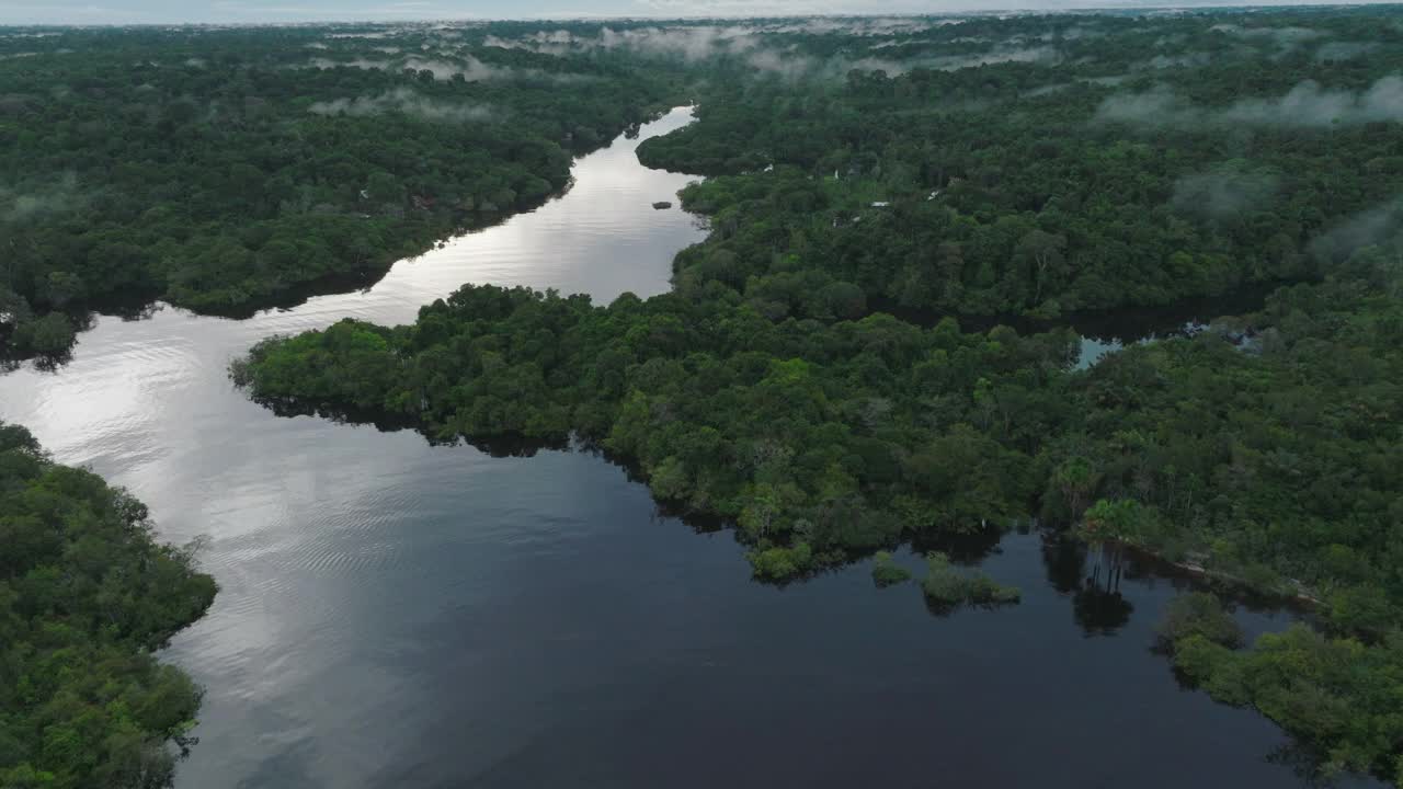 空中拍摄的宁静的亚马逊风景对着天空，无人机飞越河流-玛瑙斯，巴西视频素材