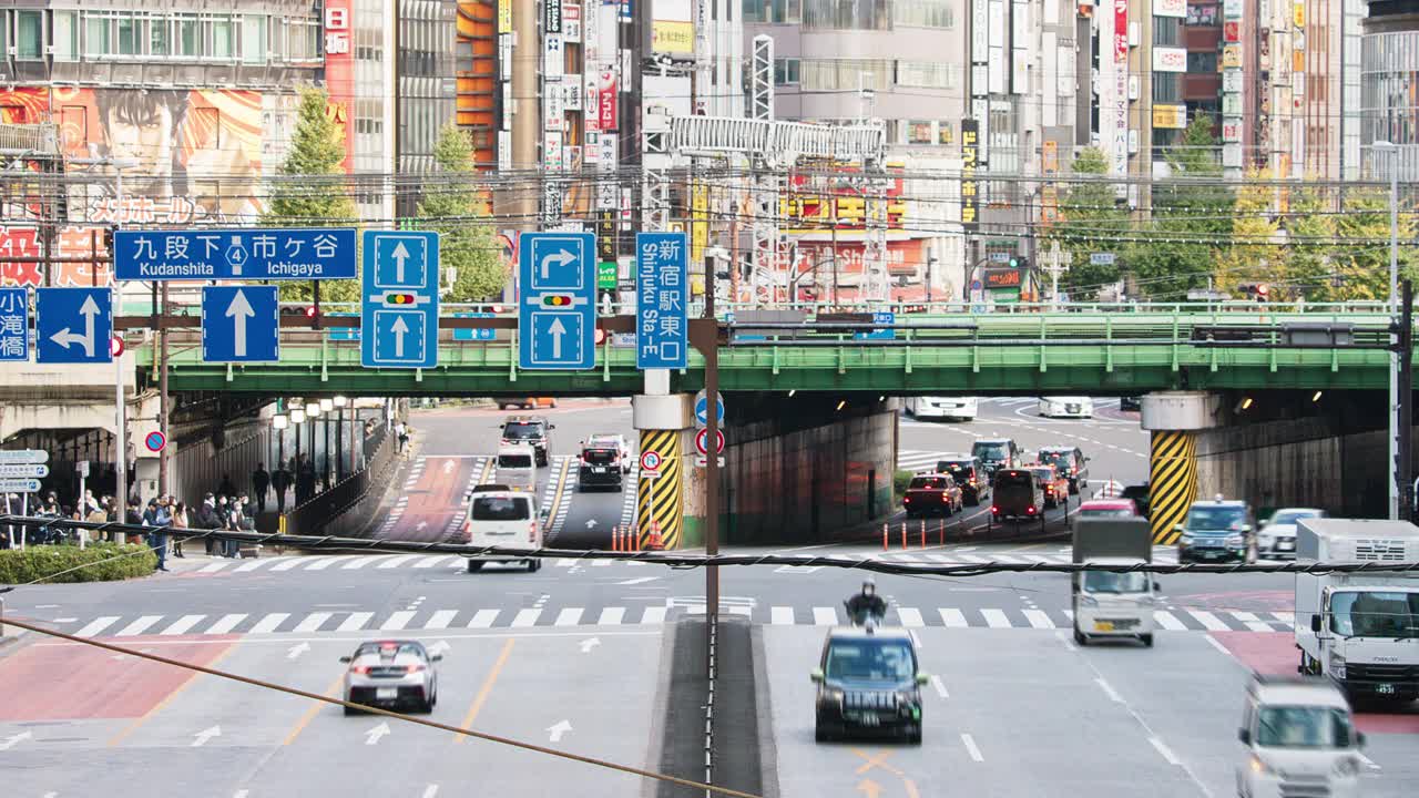 时间流逝的汽车，公共汽车交通运输在道路上，地铁列车在高架铁路轨道上，日本人走过交叉路口在新宿区，日本东京。亚洲交通，亚洲城市生活。视频素材