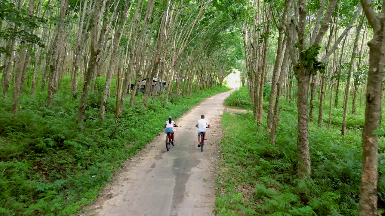 一对男女在泰国的一个橡胶种植园骑自行车视频素材