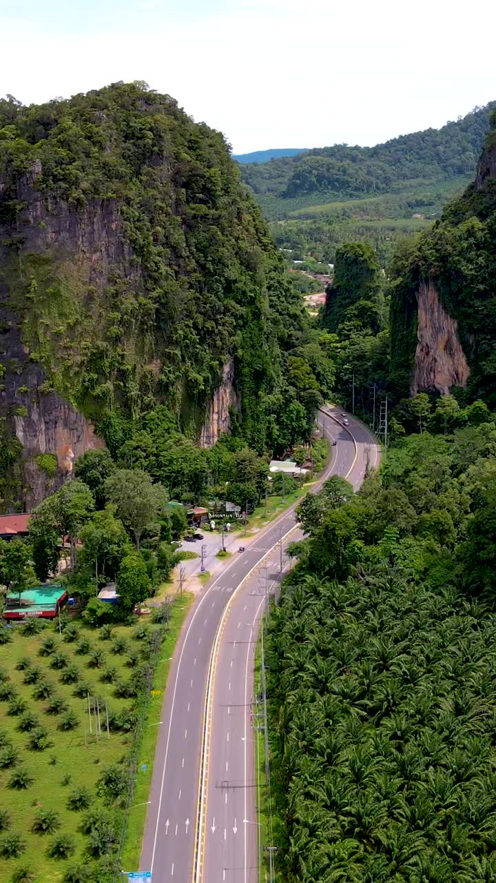 有石灰岩悬崖和岩石的公路，还有泰国甲米的棕榈油种植园视频素材