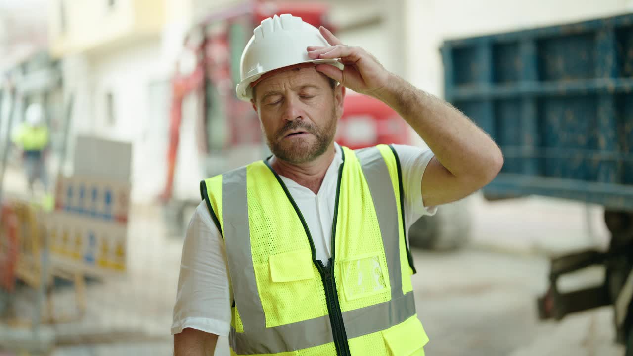 中年男子建筑师在街上出汗视频素材