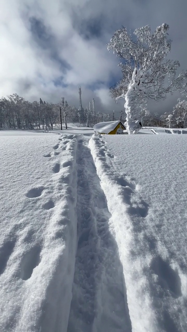 穿着雪鞋在雪地上行走视频素材