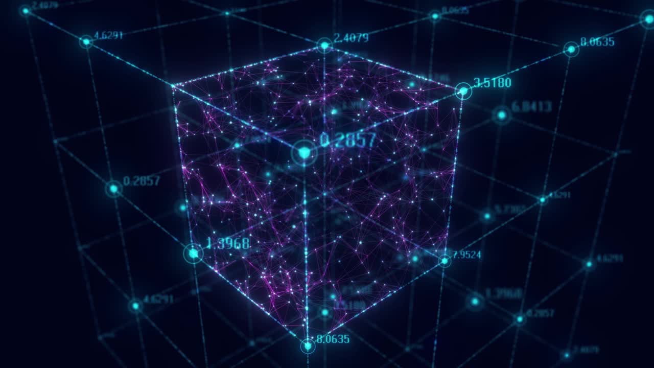 区块链网络概念。大数据技术。大数据传输。3D渲染。4k动画。视频素材