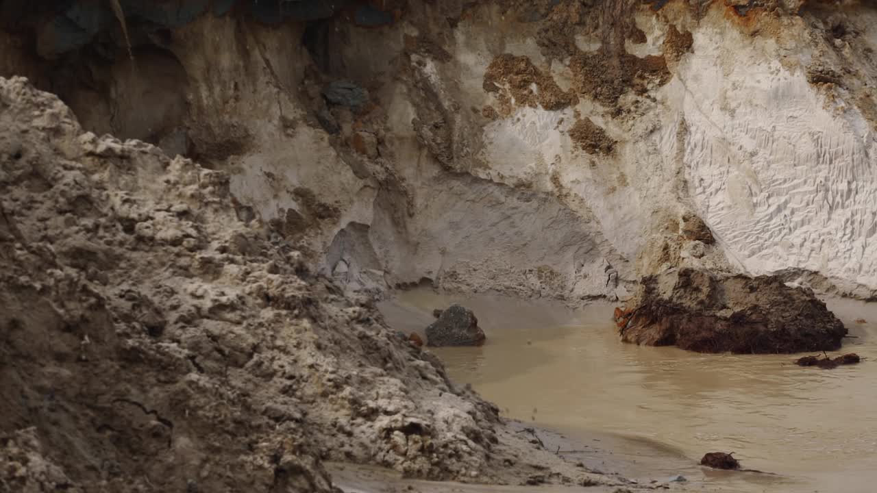 一个大型挖掘机铲斗铲泥和水从一个建筑工地的坑视频素材