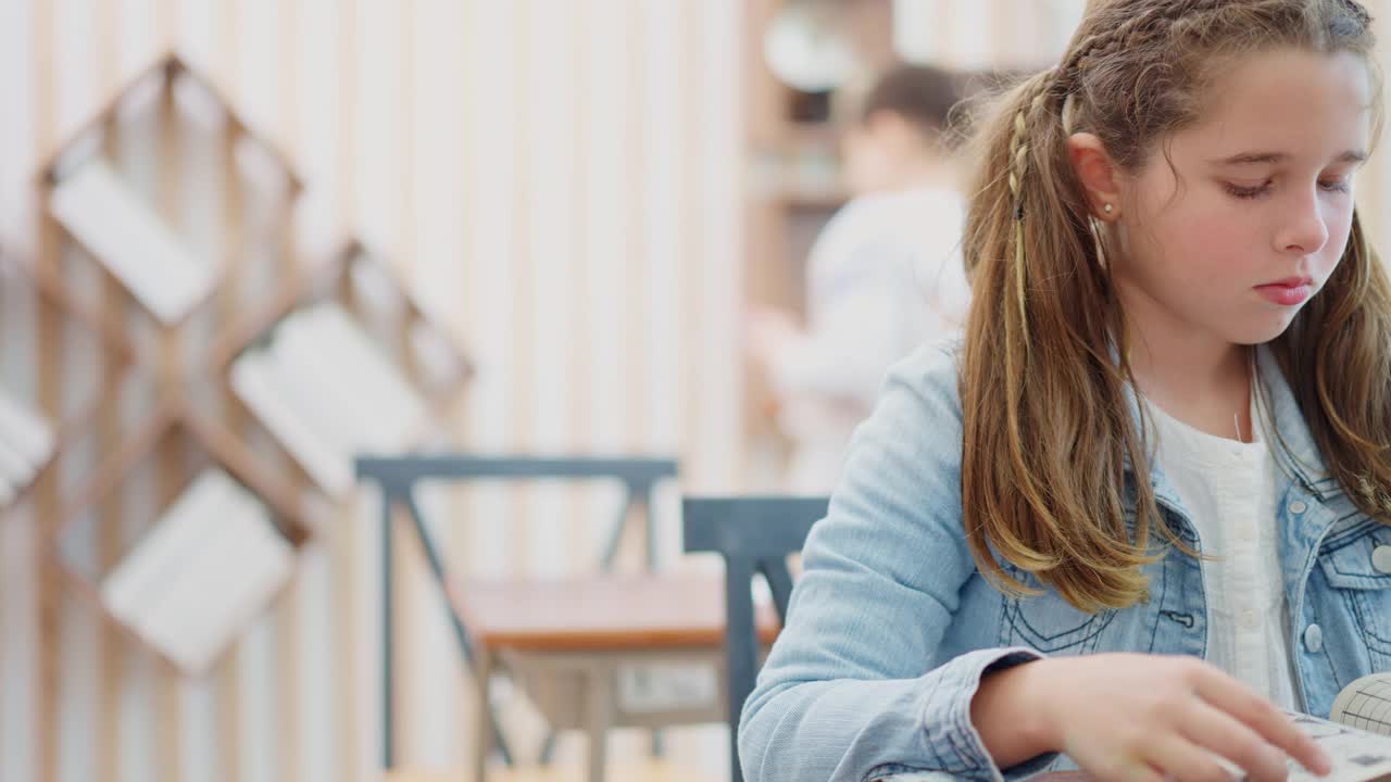 一个白人小学女生在学校空闲时间在她的课桌上看书的特写。视频素材