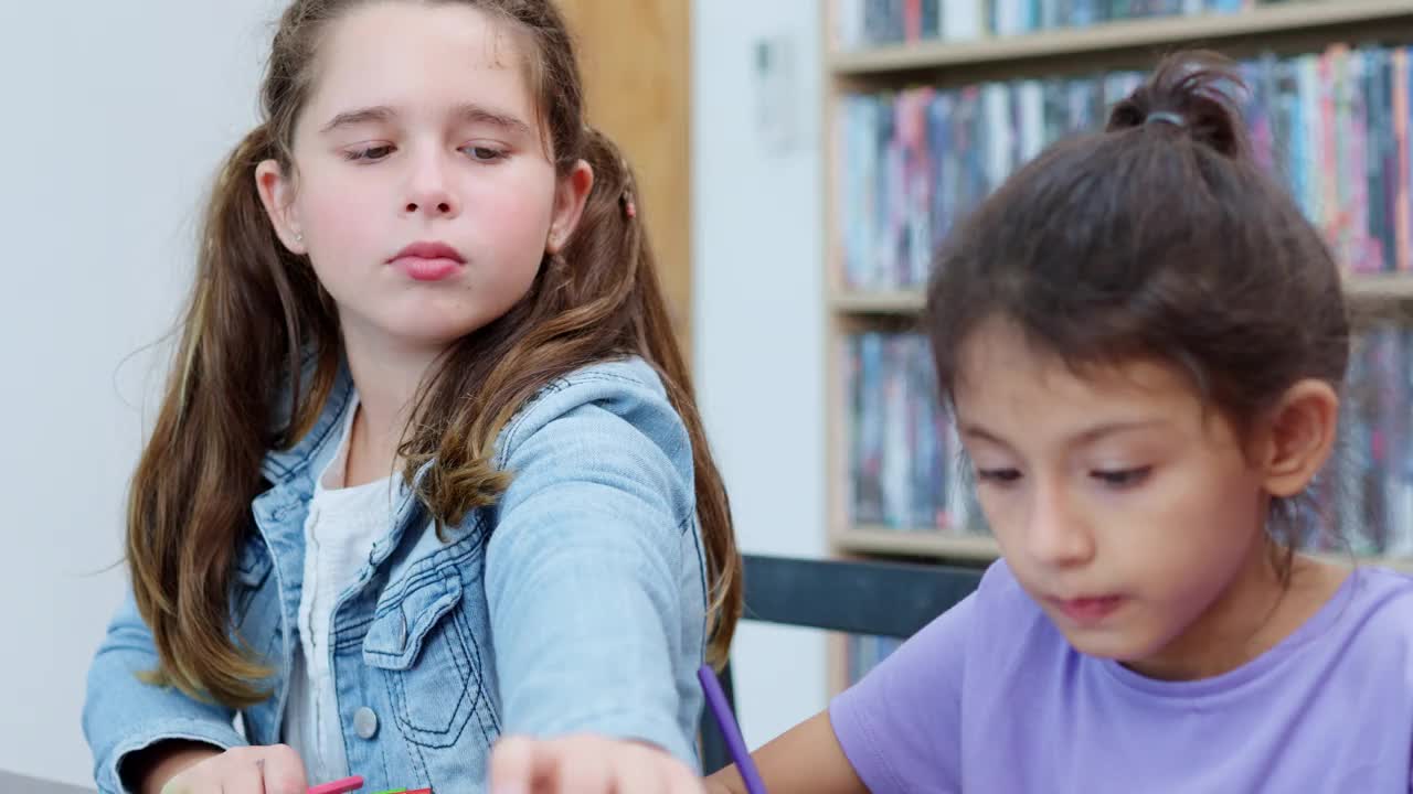 白人小学女生在美术课上学习时在纸上画画。视频素材