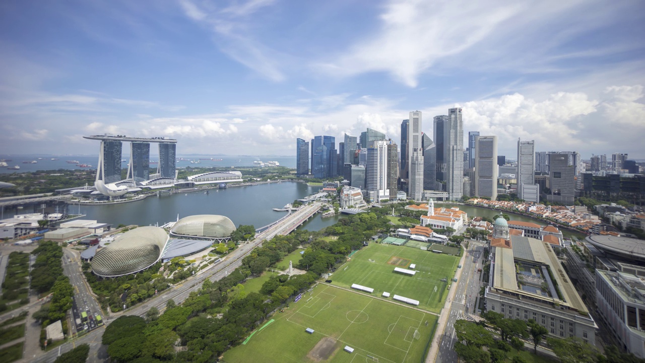 新加坡滨海湾城市天际线的云景鸟瞰图。视频下载