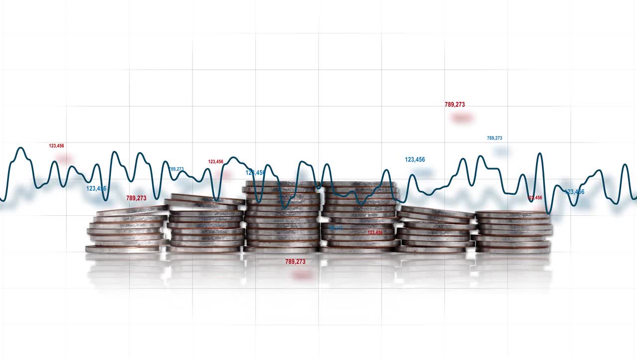 钱币堆和数字快速变化的线性图形。视频素材