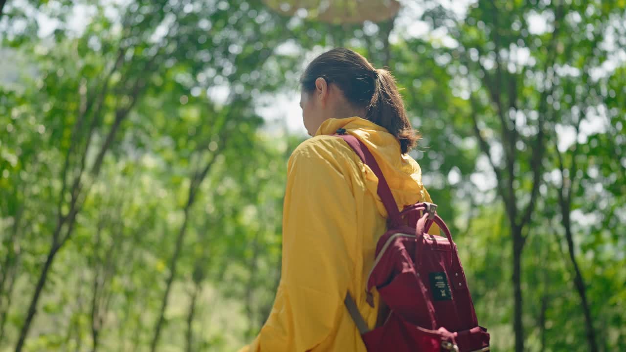 穿着黄色雨衣的背包女徒步旅行者视频素材