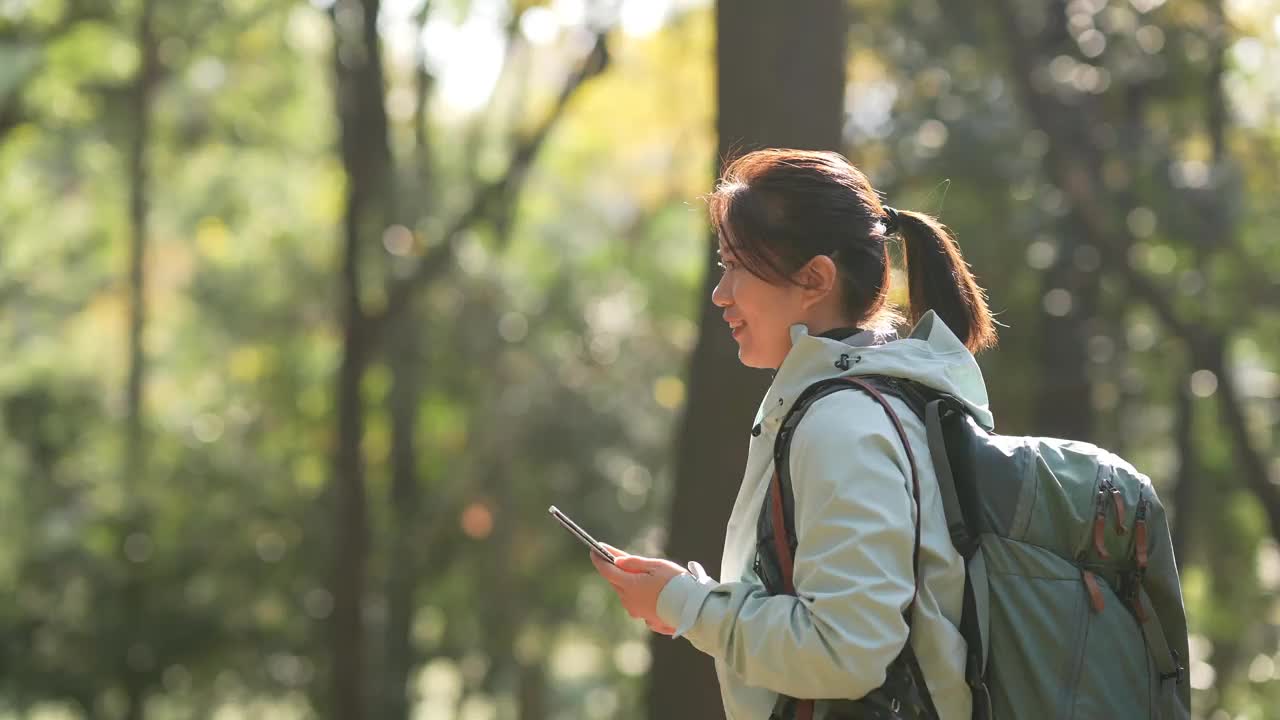 女子徒步穿越森林视频素材