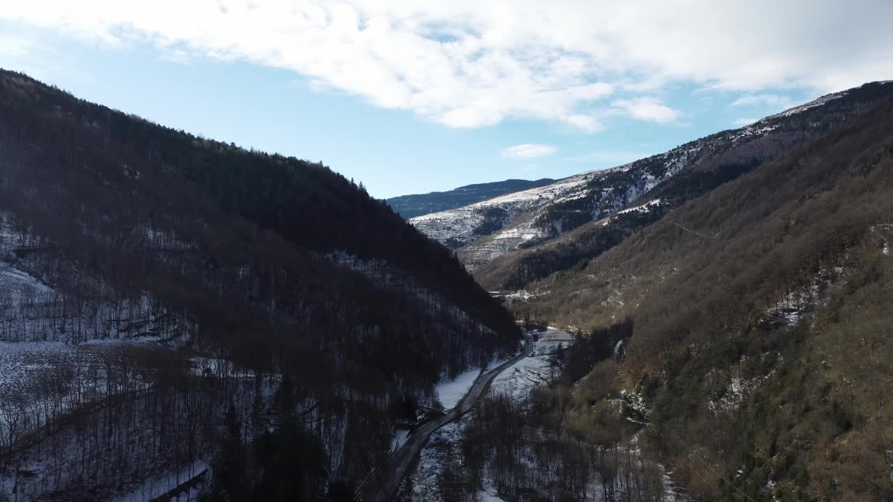 冬季有树的雪山空中全景视频下载