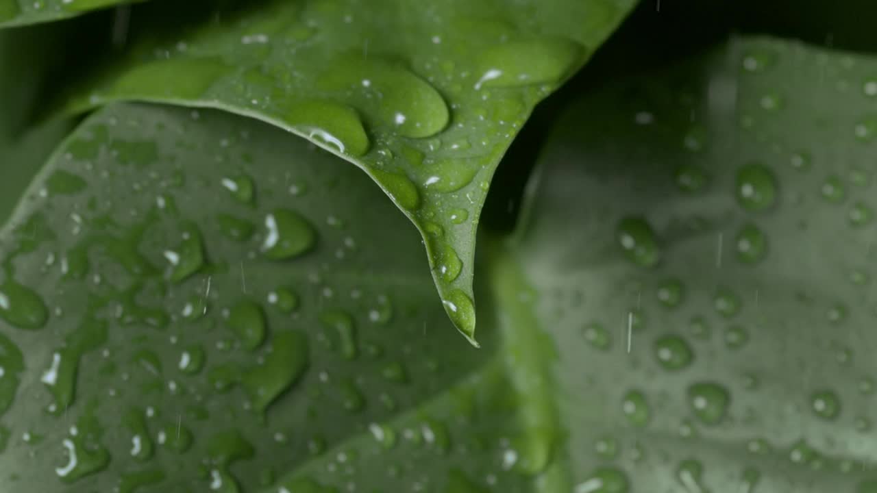 雨水落在树叶上，使它颤抖，雨滴从叶尖滴下视频素材