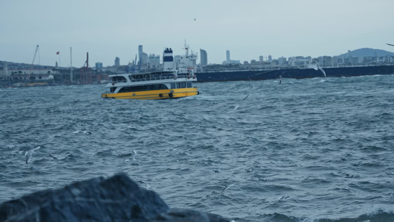 一艘黄色的旅游船和一艘渡船在波涛汹涌的海面上航行视频素材