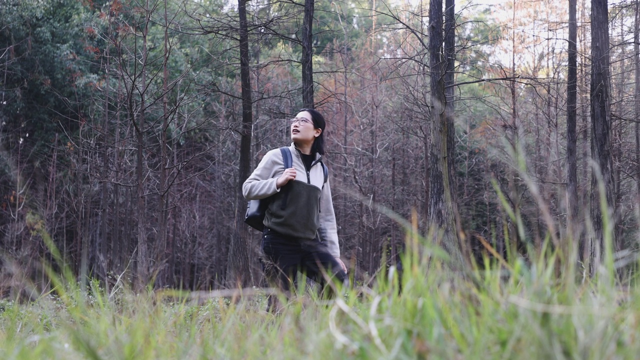 亚洲女子在森林里徒步旅行，享受美丽的风景视频素材