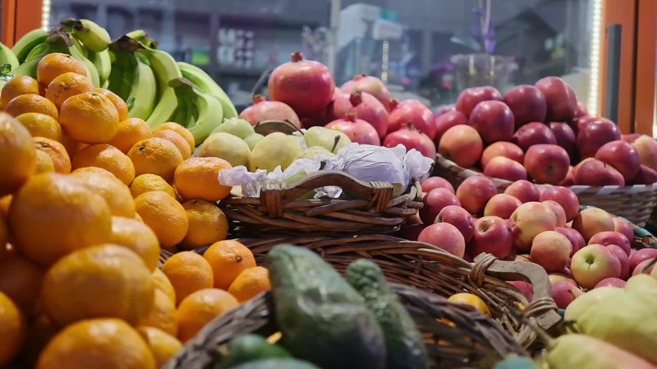 新鲜水果和蔬菜货架在杂货店超市健康食品营养紧密视频素材