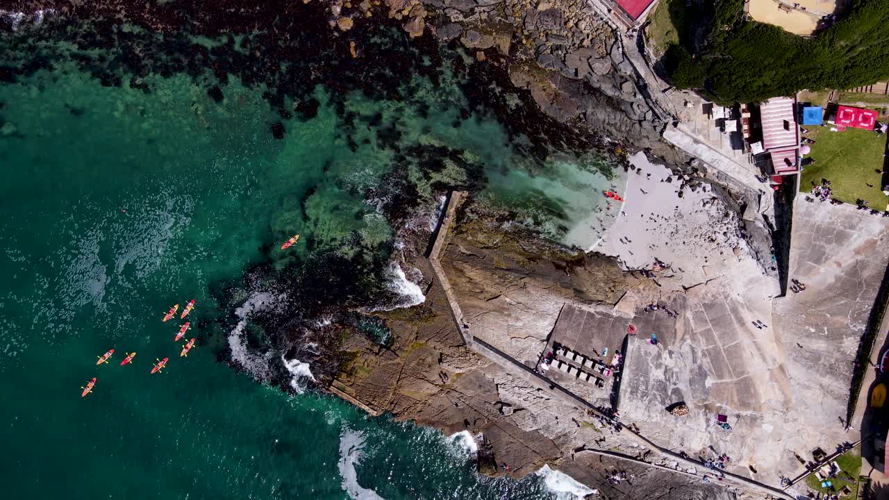 空中摄影车头顶上的皮划艇运动员离开岩石海岸与海带森林视频素材