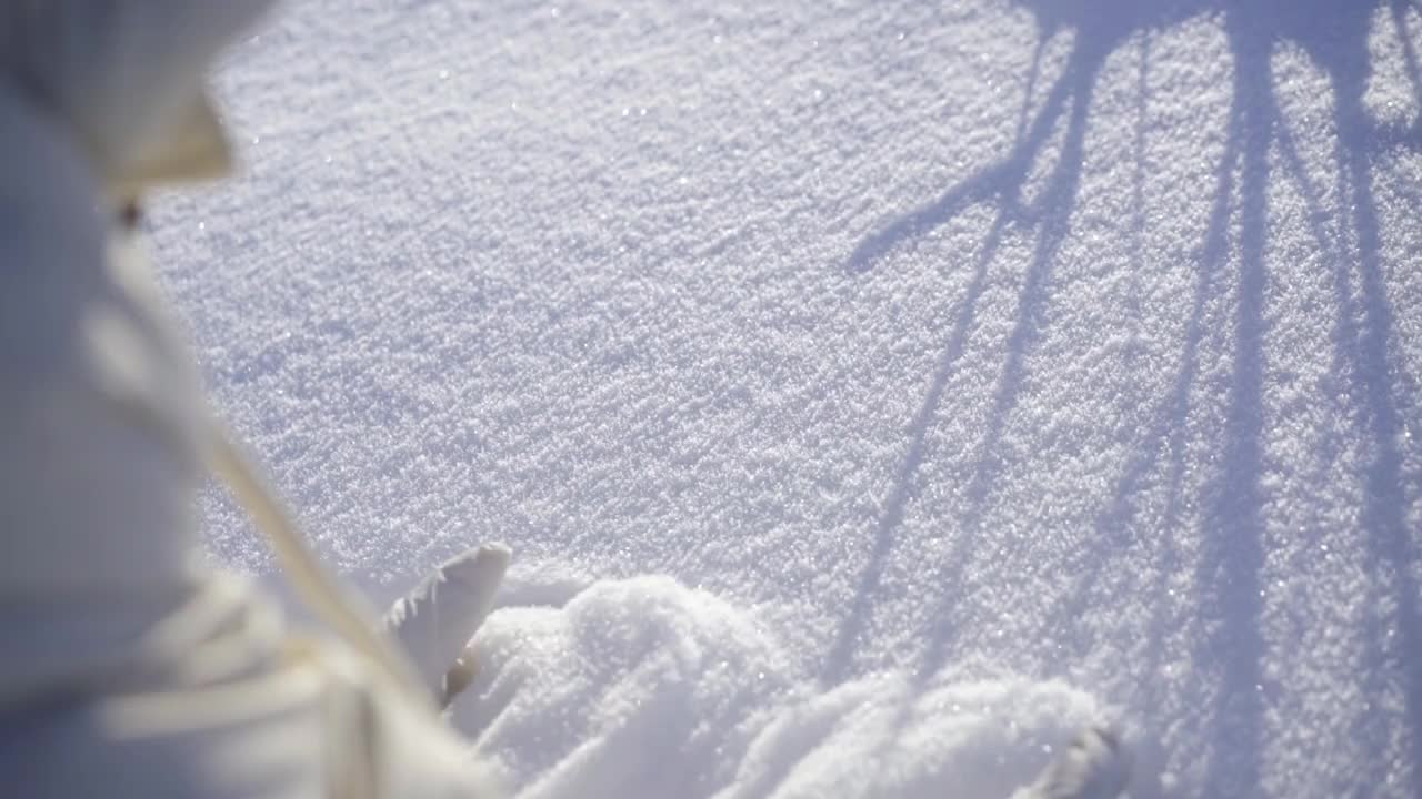 一个戴着连指手套的女孩手里拿着雪。日落时，一位妇女在雪地上吹着风视频下载