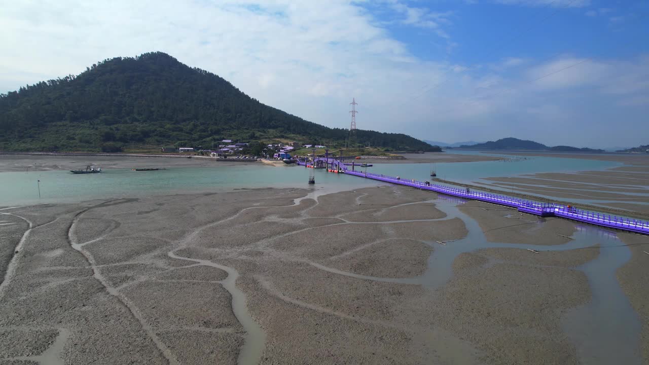 韩国全罗南道新安郡的坂月岛、紫桥、泥滩、大海和紫岛桥的风景视频素材