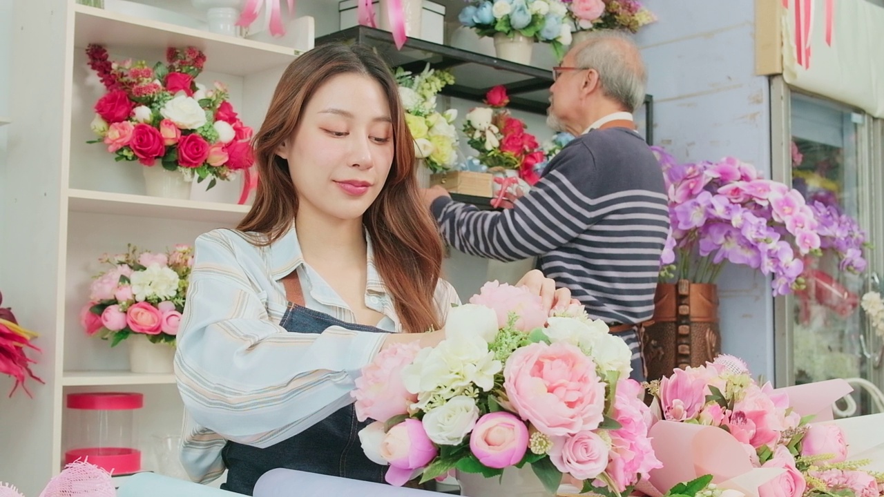 亚洲女花商企业家在花店安排花束。视频素材