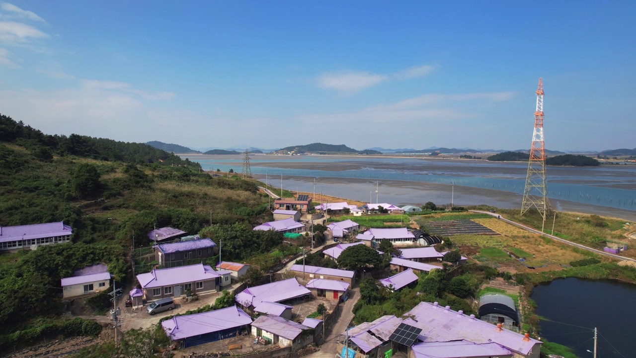 韩国全罗南道新安郡，坂月岛，泥滩，大海，桥和紫岛视频素材