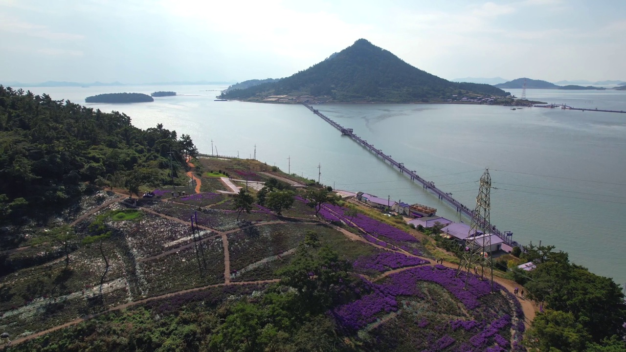 韩国全罗南道新安郡，巴基岛，坂月岛，大海，紫岛和村庄视频素材