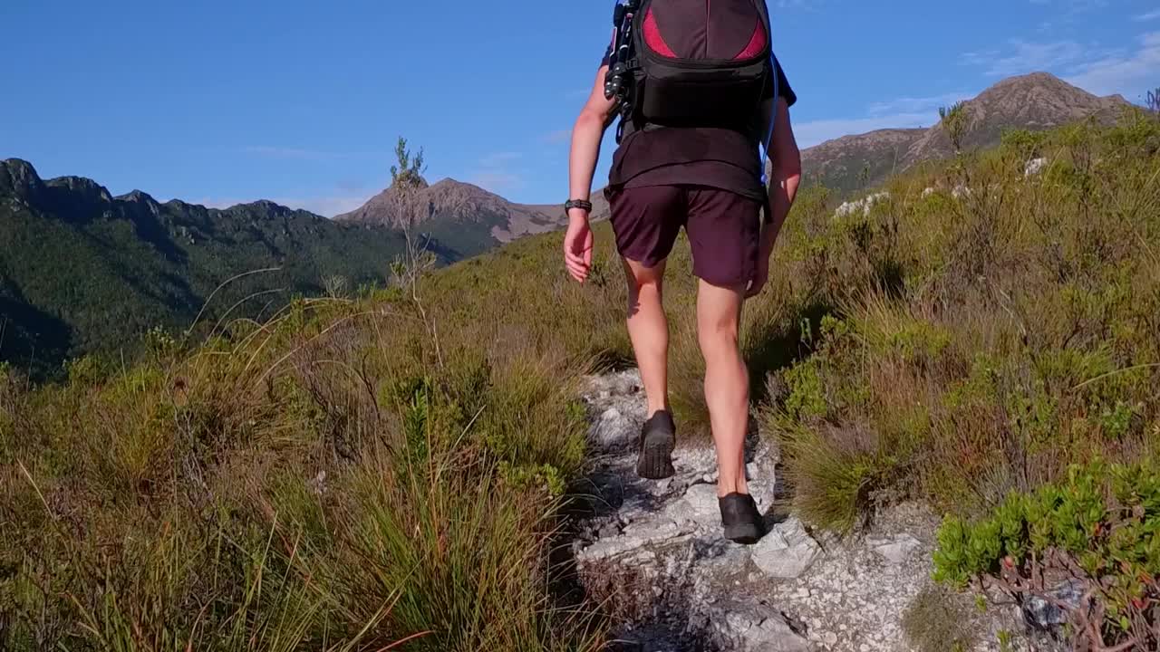 一个年轻人在天气好的时候在塔斯马尼亚的山上徒步旅行视频素材