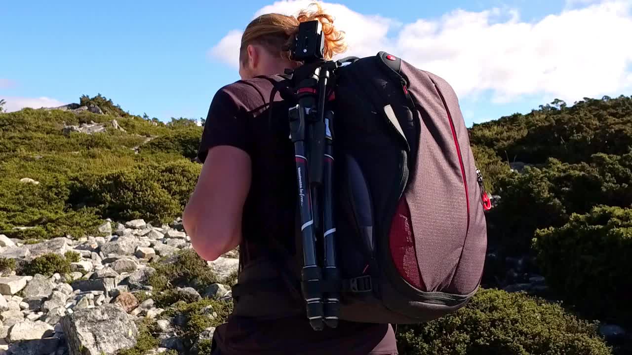 一个年轻人在天气好的时候在塔斯马尼亚的山上徒步旅行视频素材