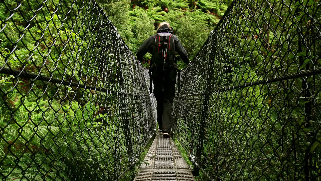 年轻的徒步旅行者正在穿越塔斯马尼亚荒野雨林中的一座吊桥视频素材