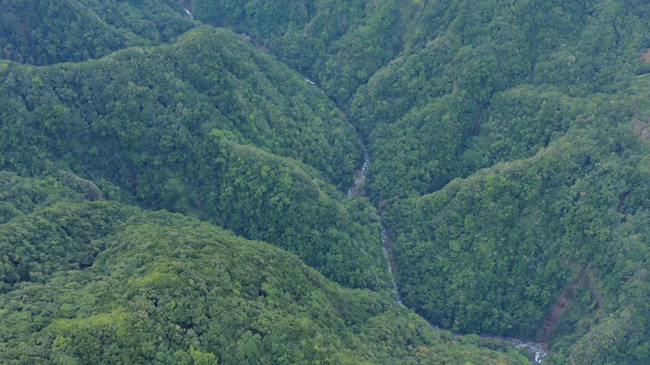 无人机俯瞰在葡萄牙马德拉岛景观之间流过的一条细河视频素材