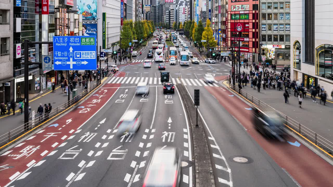 时间流逝的汽车交通运输在十字路口，日本人步行交叉路口在日本东京新宿区，办公大楼的城市景观。亚洲交通，亚洲城市生活理念视频素材