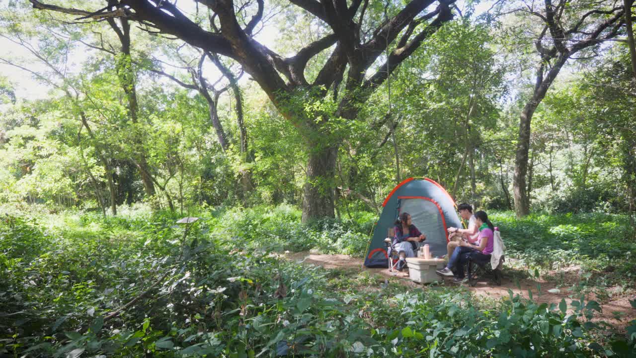 一小群亚洲年轻人朋友一起在森林里露营视频素材