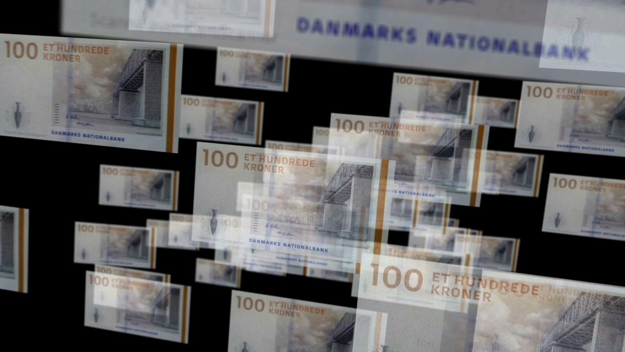 Denmark Krone 100 banknote – flying between transparent money视频素材