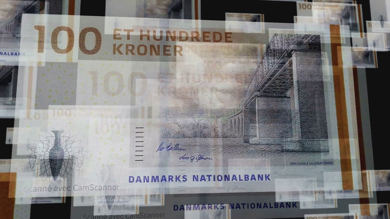 Denmark Krone 100 banknote – flying between transparent money视频素材