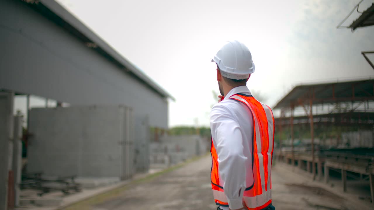 英俊的男性建筑工程师双臂交叉站立。视频素材