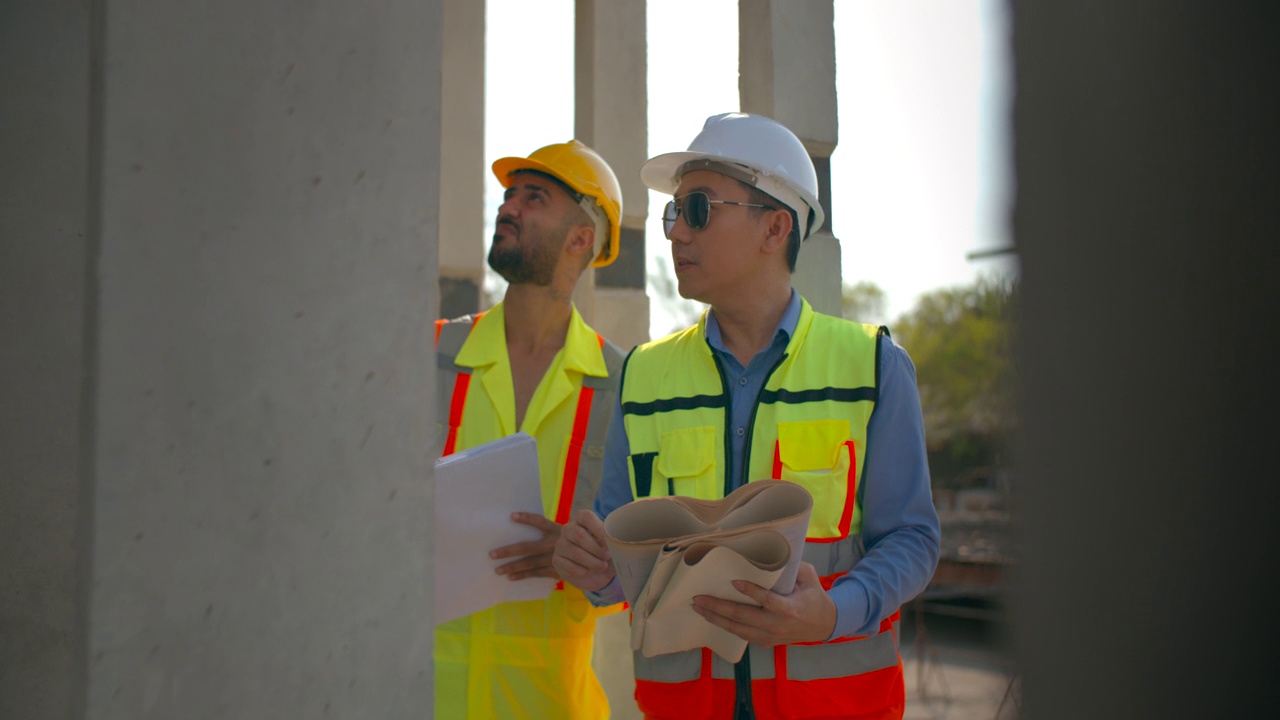 两名建筑工程师拿着建筑平面图讨论混凝土墙体结构。视频素材