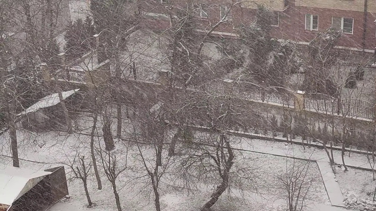 从窗户看，雪花落在房子院子的背景上视频素材