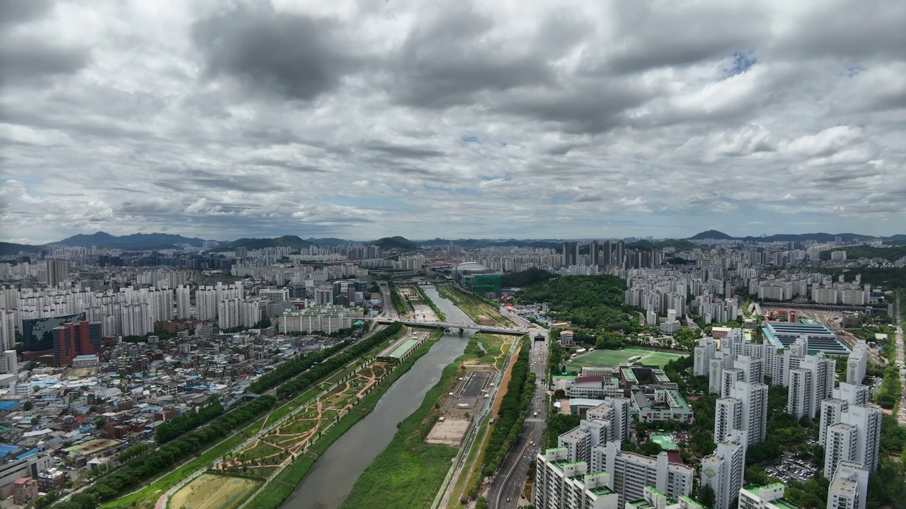 韩国首尔阳川区木洞安阳川公园、高尺天穹和高尺桥周围的城市景观视频素材