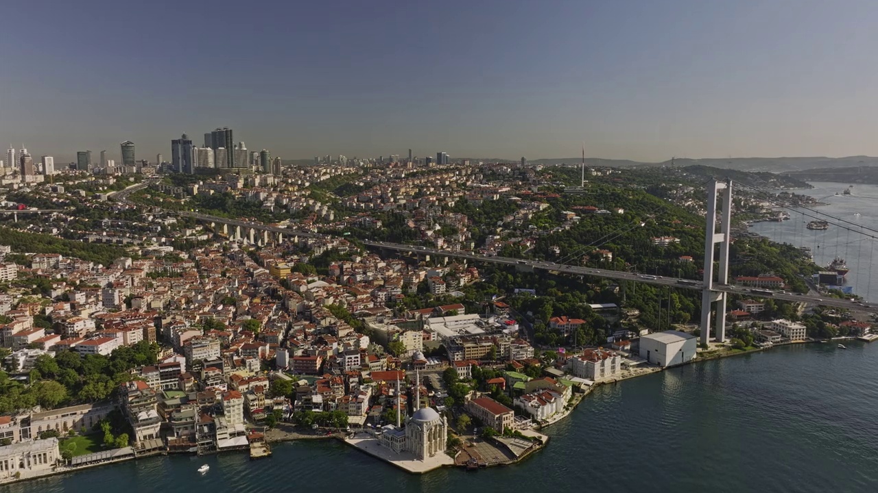 Istanbul Turkey Aerial v68 drone flyover bosphorus strait capturing waterfront grand mecidiye mosque in charming ortaköy neighborhood and famous martyrs bridge - Shot with Mavic 3 Cine - July 2022视频素材