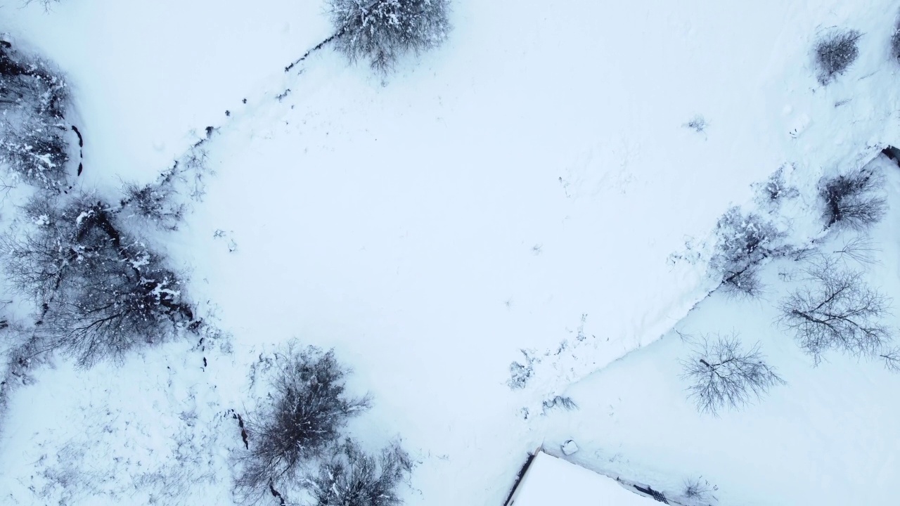 有树木和小径的雪地。山上的房子在冬天。鸟瞰图。视频素材